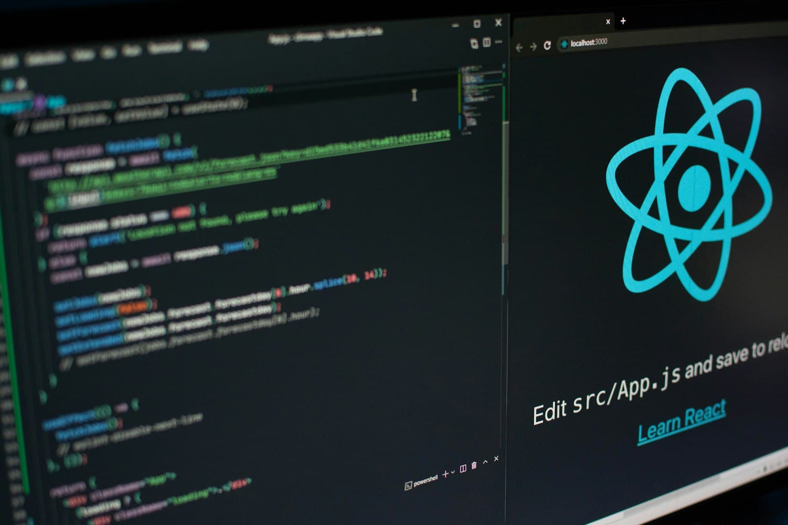 Code editor with React code beside a running React app